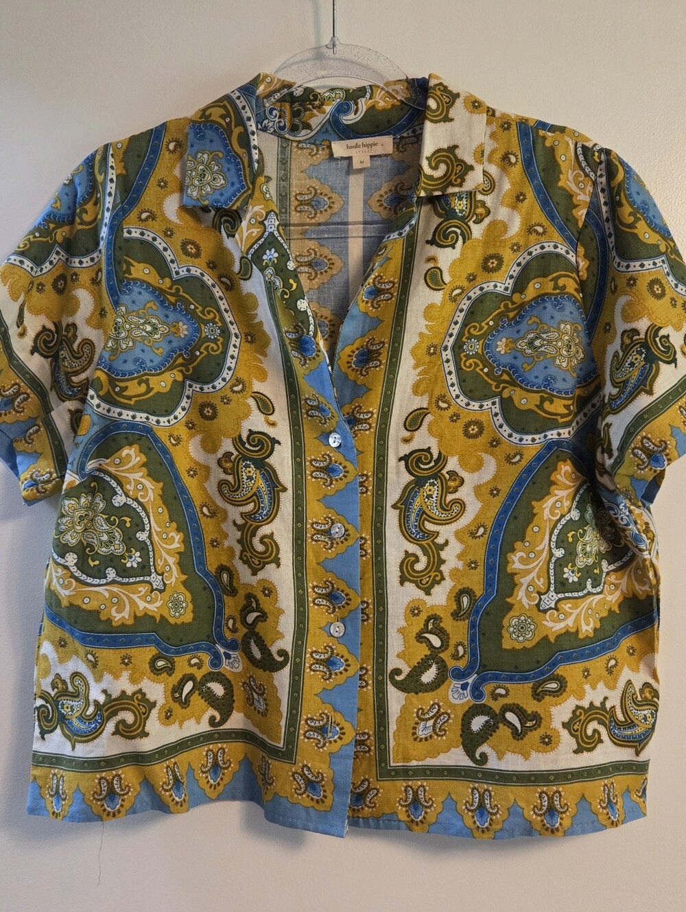 HAUTE HIPPIE Linen Blend Paisley Boxy Crop Button Front Shirt Medium